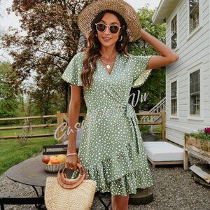 Ready for Spring Light Airy V Neck Wrap Midi Patterned Sage Ruffle Drop Dress